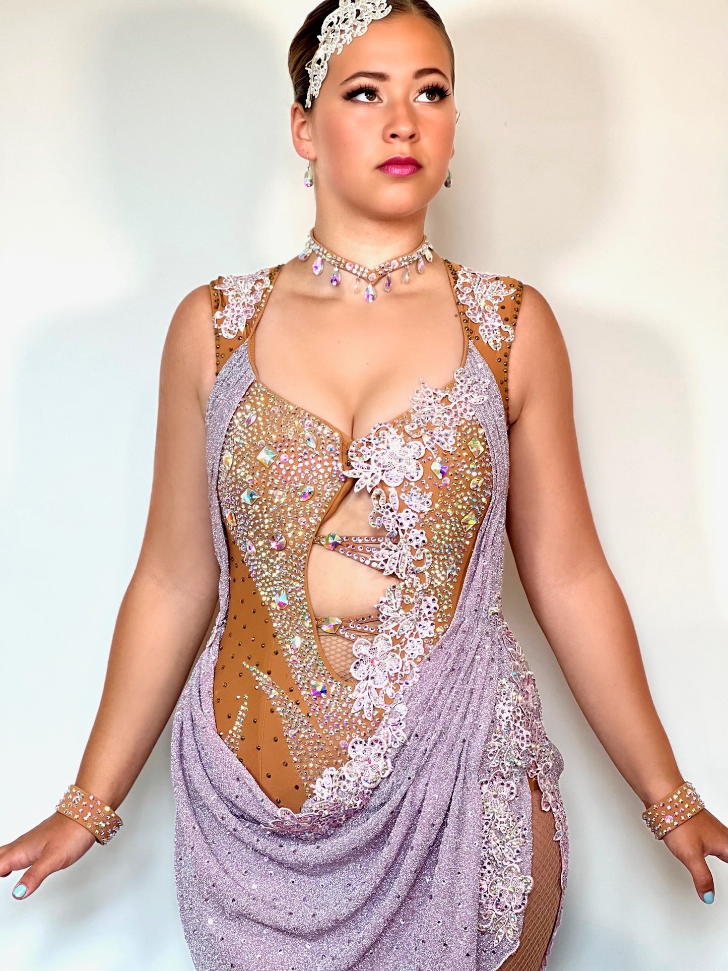 342 Lilac Heavily decorated Latin Dress. Decorated with lilac flowers with full back. Front fastening (no crotch poppers). Decorated with lilac & AB stones