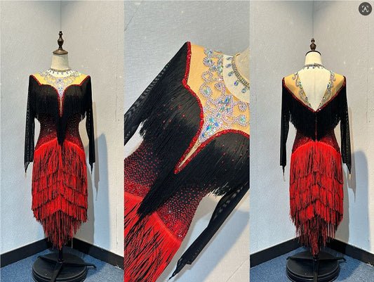 64L TWD ELITE Stand Out Competition Latin Dance Dress. Multiple layers of black & red fringe giving maximum movement. Fringe to upper chest motif stoned in AB, Jet & Siam. ❤️Showroom Appointments Available❤️
