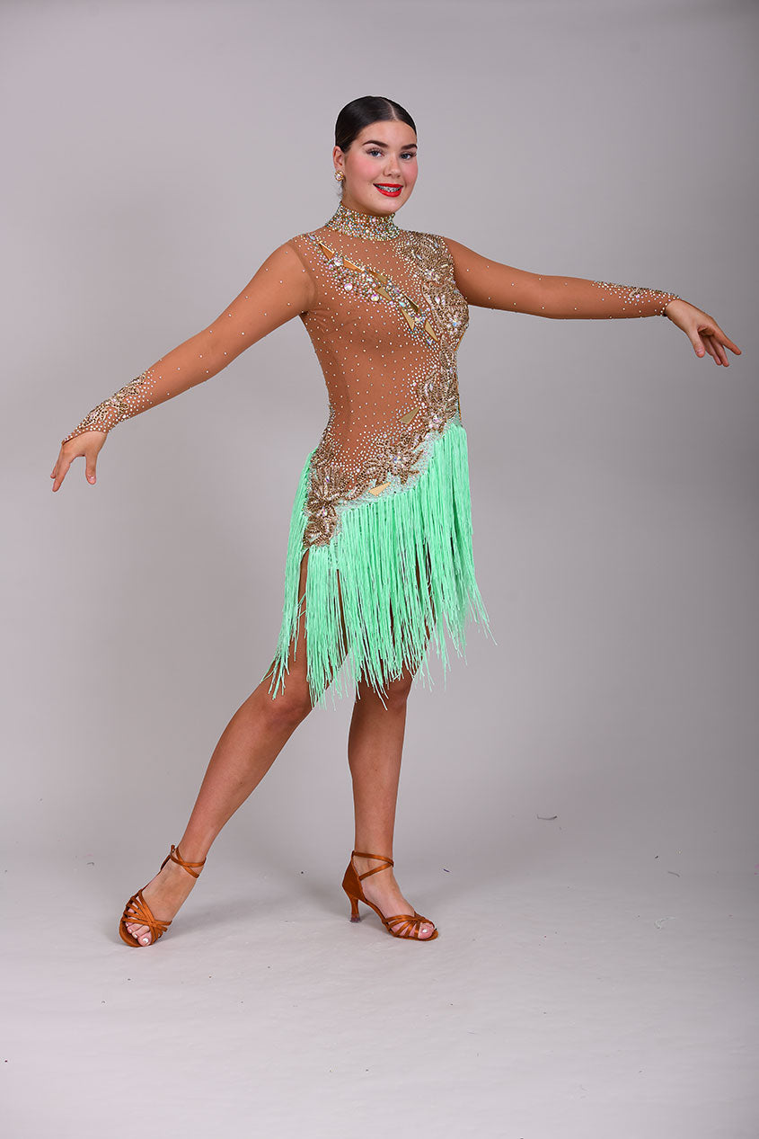 190 Tan mesh & mint Green High back Latin dress. Decorated with gold mirrors & AB stones.