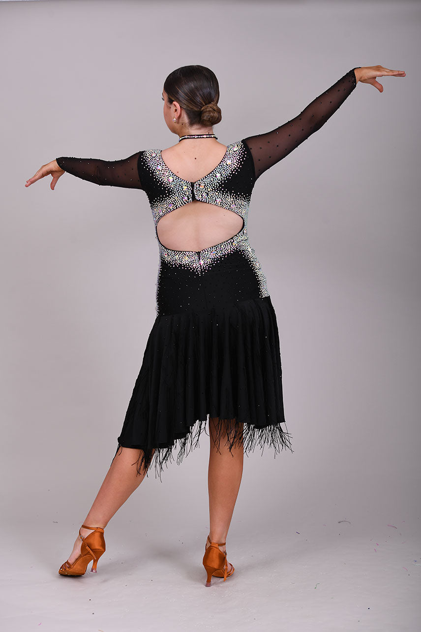 230 Black Latin dress. Stoning in AB to the sides back and back detailing. Fringe & stone detail to the handkerchief skirt