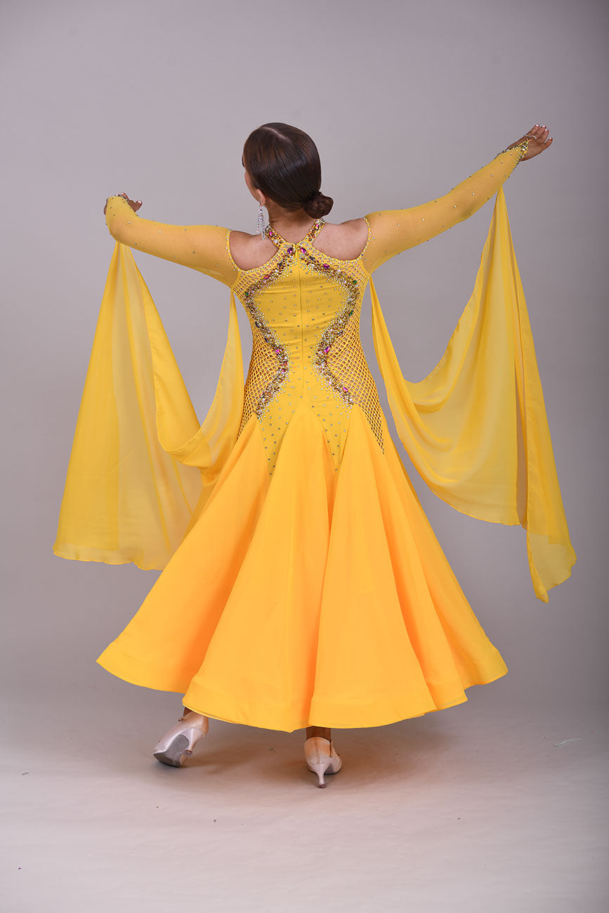 223 Yellow Fishnet Panel Dress halter neck style Ballroom Dress. Cold shoulder sleeves with high back.