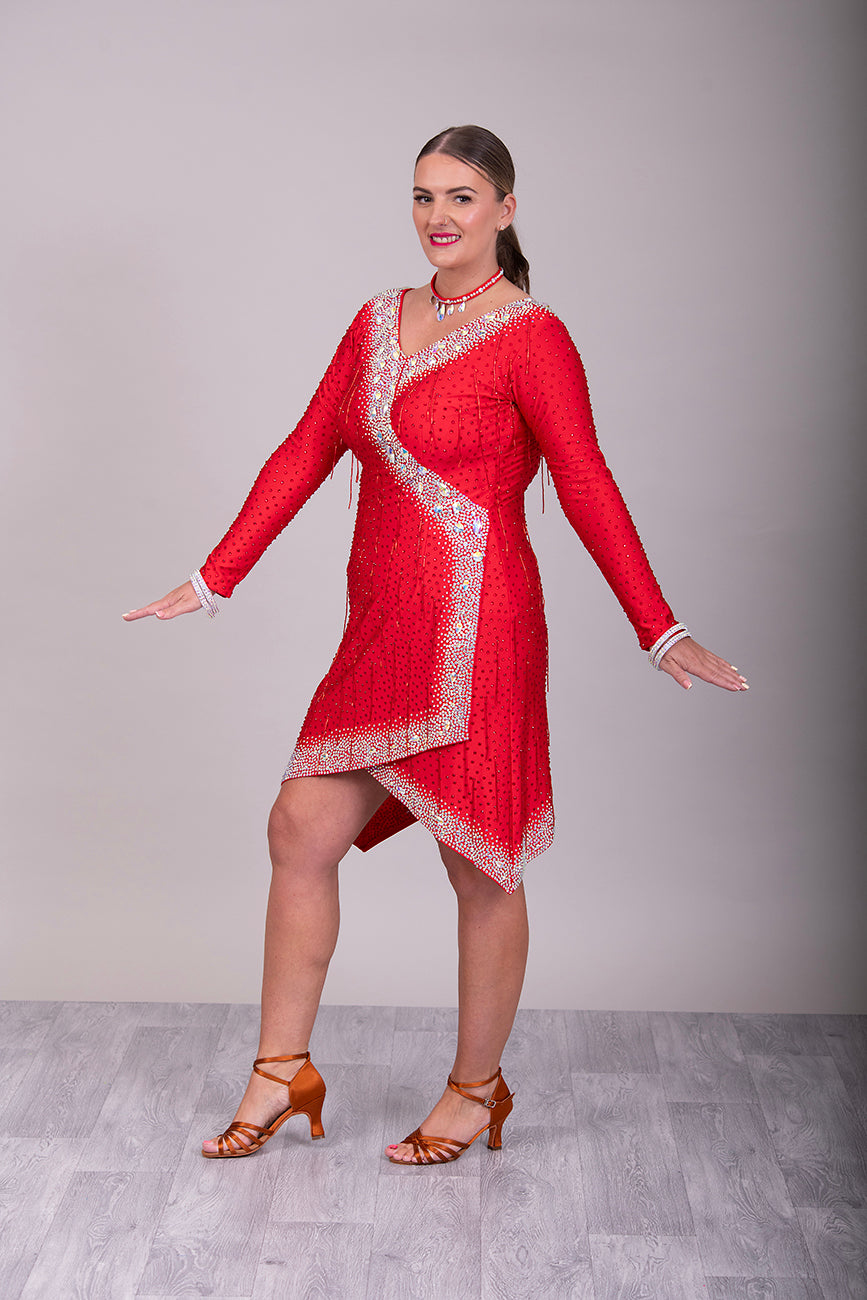 305 Striking Rich Red Latin Competition Dance Dress. Very Flattering style Dress. Red bead droppers all over with Siam stones. Heavily decorated with AB