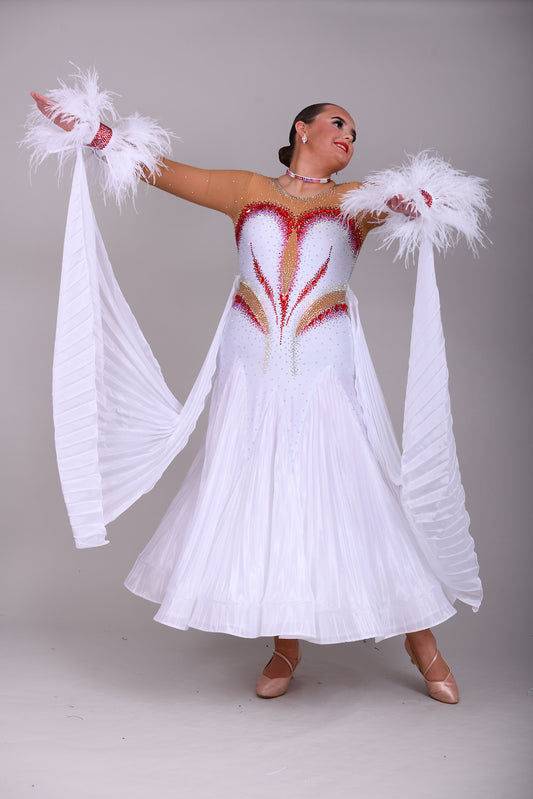 011 White & Mid Tan Competition Ballroom Dance Dress. Pleated pearl Chiffon skirt with beautiful keyhole Back. Stoned accents in Siam, Siam AB, AB & Golden Shadow. Comes with detachable pleated floats and feather cuffs.