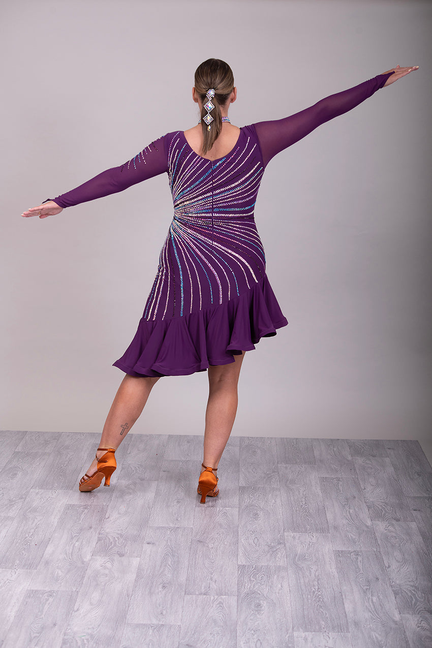 171 Stand Out Striking Plum Latin Dance Dress. Heavily stoned in AB, plum AB & Light aquamarine. Very full frill giving maximum movement. High back giving option to wear own bra.