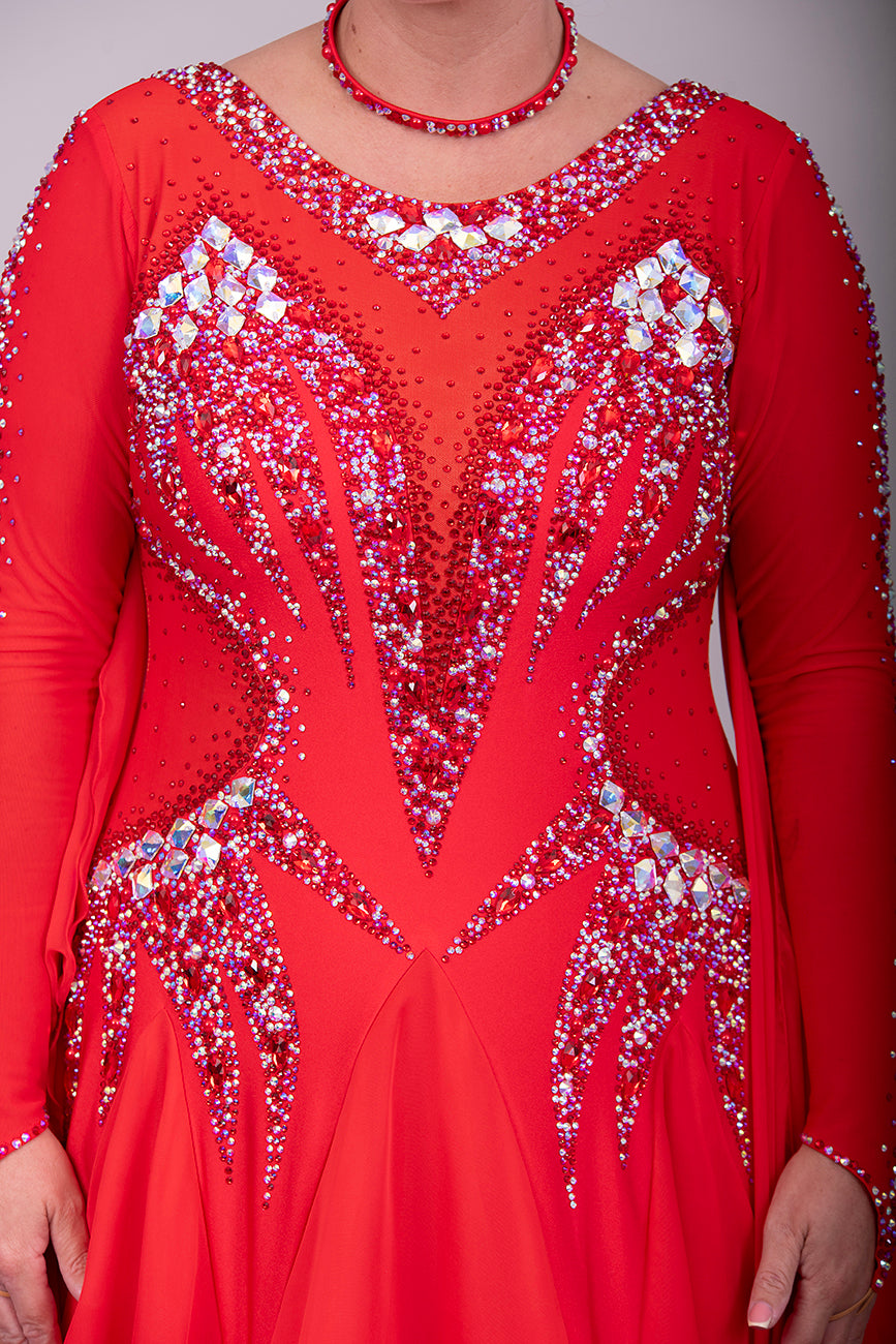 01150A Red Competition Ballroom Dance Dress. Stoned in Siam, Siam AB & AB. Detachable Floats