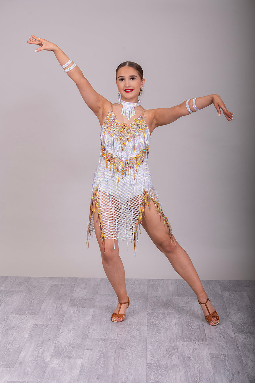 20L White & Gold Latin Competition Dance dress. White stoned Fishnet with Good Embellished detailing.