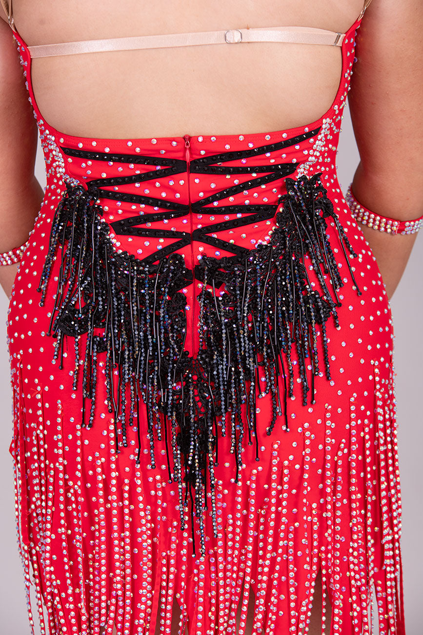132L BUDGET (22) Red & Black  Competition Latin Dance Dress. Beading detail to bodice Stoned in jet, Siam & AB ❤️Showroom Appointments Available❤️