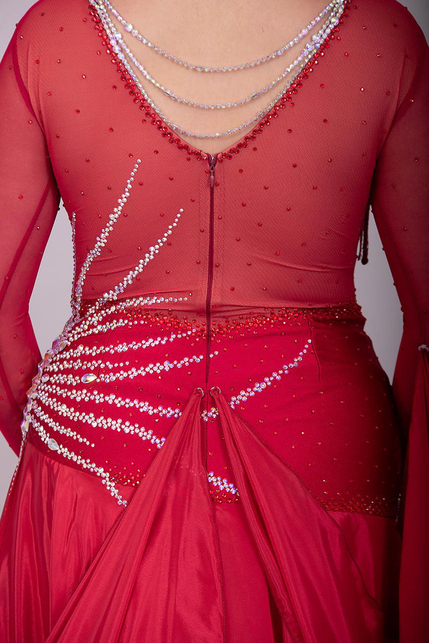 099 Wine Competition Ballroom Dance Dress heavily decorated with Dark Siam & AB stones. Hanging stoned strap detailing to the right upper chest.  High back giving option to wear own Bra.