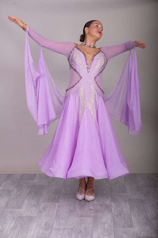 32B Lilac Competition Ballroom/Sequence Dance Dress. Detachable Floats. Detailed stone pattern in AB, Amethyst, Amethyst AB & purple velvet.  High Back to give option of wearing own bra