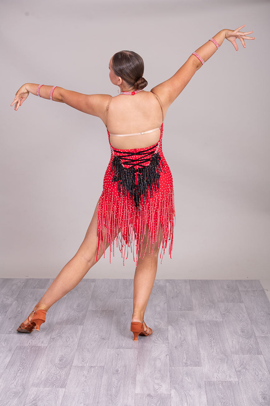 132L BUDGET (22) Red & Black  Competition Latin Dance Dress. Beading detail to bodice Stoned in jet, Siam & AB ❤️Showroom Appointments Available❤️