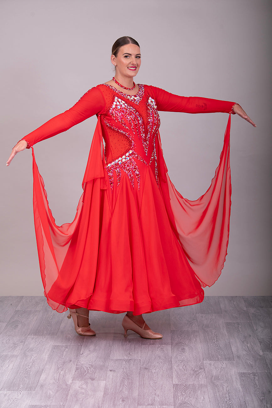 01150A Red Competition Ballroom Dance Dress. Stoned in Siam, Siam AB & AB. Detachable Floats