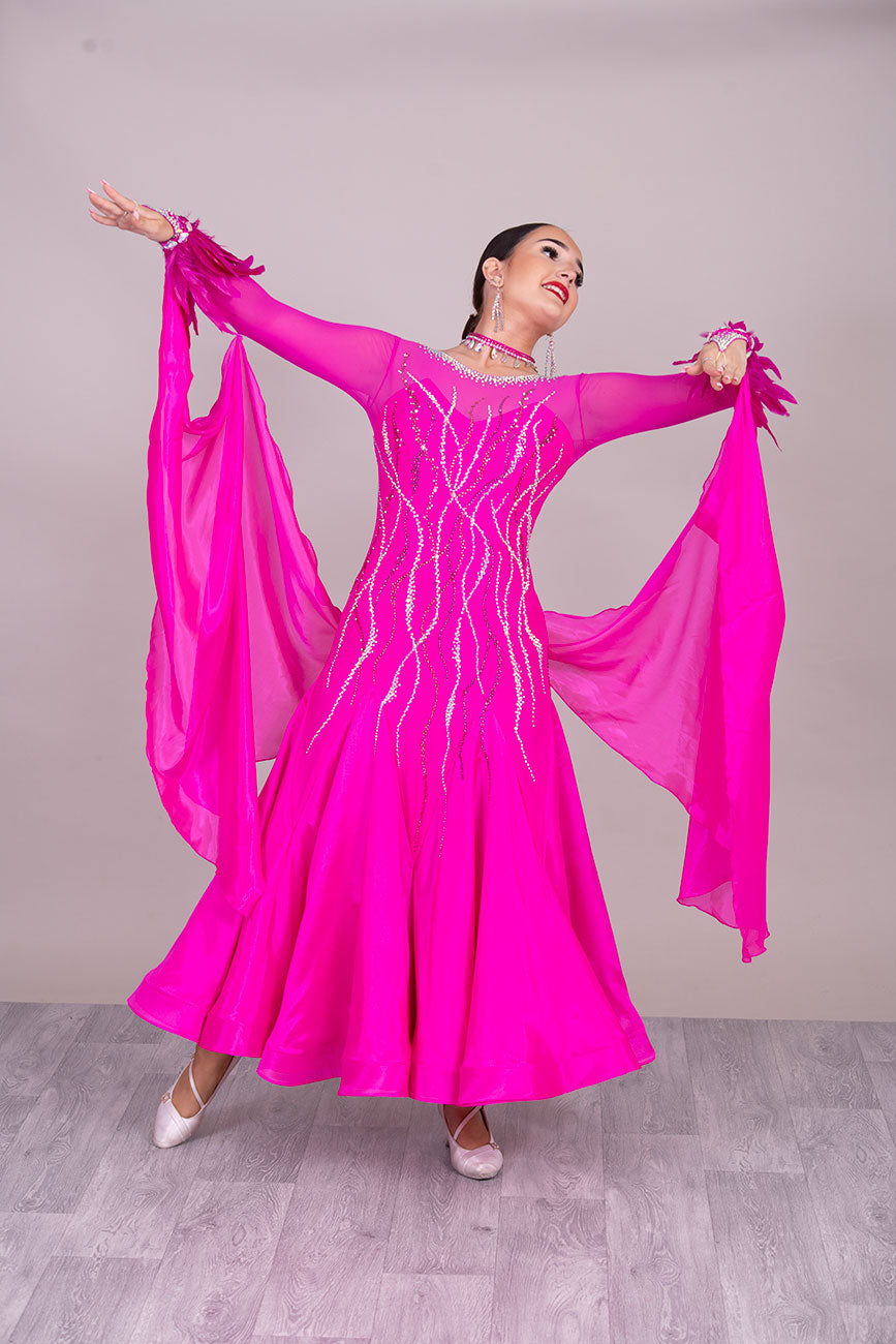67B TWD PETITE Fuchsia Competition Ballroom/Sequence Dress
Detachable Feather Cuffs & Floats. 
Stoned in Light Rose, Rose & Fuchsia