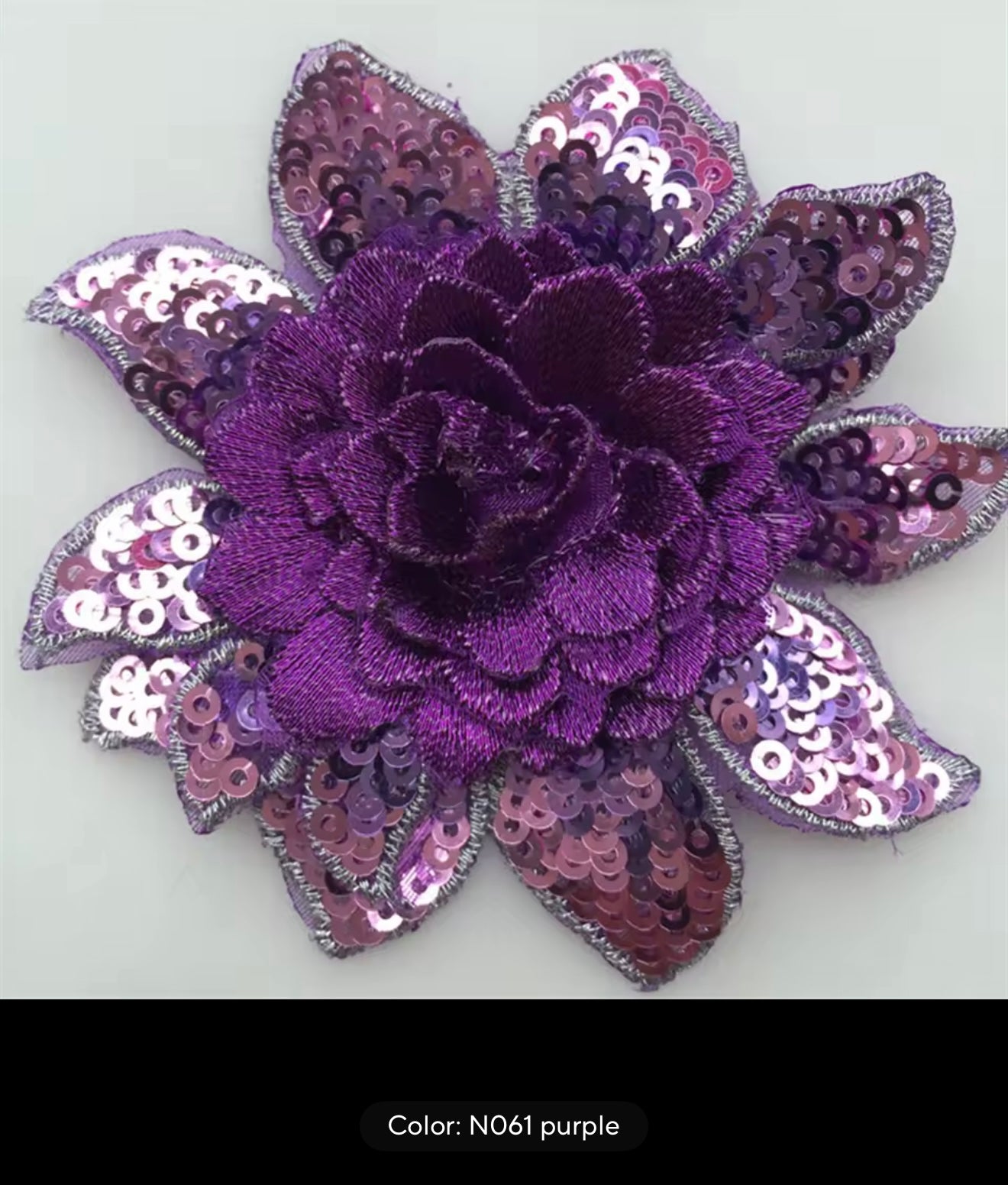M134 Montana 3D Sew On Flowers, Outer Petals are sequinned. Perfect for adding stones. 8cm wide. Available in 8 Colours