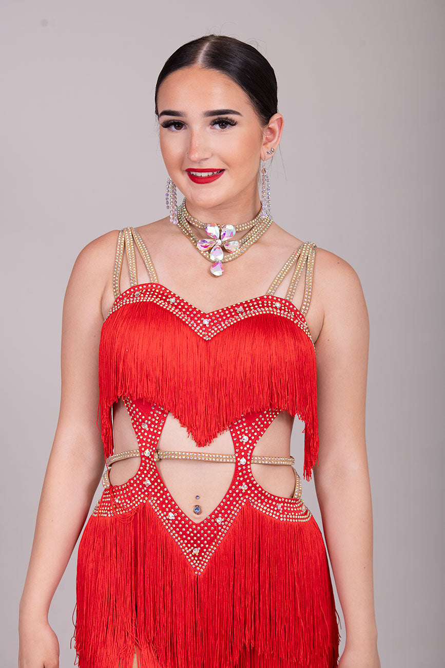 (BUDGET)17 Red Latin Competition Dance Dress.Full Fringed Skirts with shoulder & waist detailing.2 Bangles included.                                     *****Our New Budget Range are Bought in ready made Costumes, with some detail added by TWDance*****