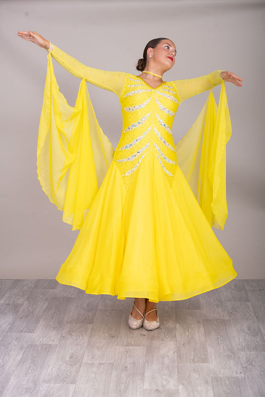 36B Sunshine Yellow Competition Ballroom/Sequence Dance Dress. High Godet at the front giving a flattering tummy look & stone design in AB. High back giving own Bra Options Detachable Floats