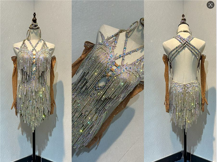 67L TWD ELITE Stunning metallic gold Competition Latin Dance Dress. Heavily stoned fabric fringes in AB. Standout dress with tan gloves with fingers. ❤️Showroom Appointments Available❤️
