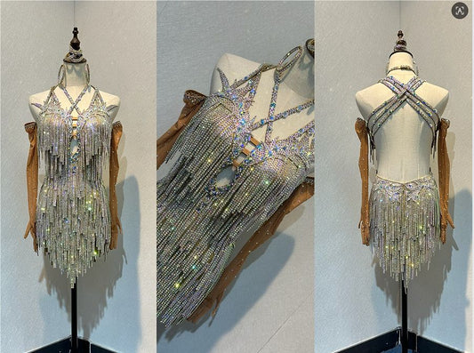 67L TWD ELITE Stunning metallic gold Competition Latin Dance Dress. Heavily stoned fabric fringes in AB. Standout dress with tan gloves with fingers. ❤️Showroom Appointments Available❤️