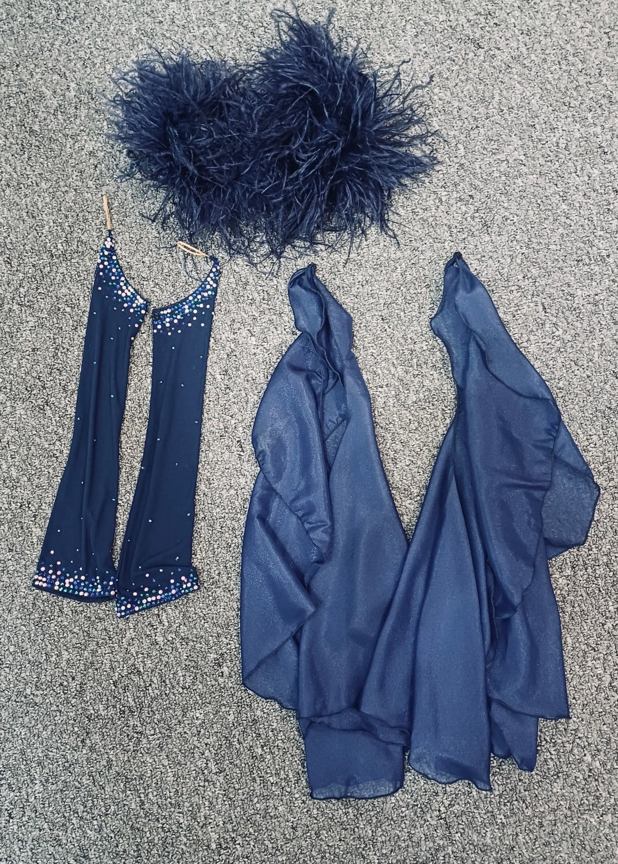 07B Navy Blue Ballroom/Sequence Competition Dance Dress. Stunning Bodice Detail stoned in Sapphire, Capri Blue, Capri Blue AB & Sapphire AB. Cones with Gloves & Ostrich feather cuffs with hanging floats.