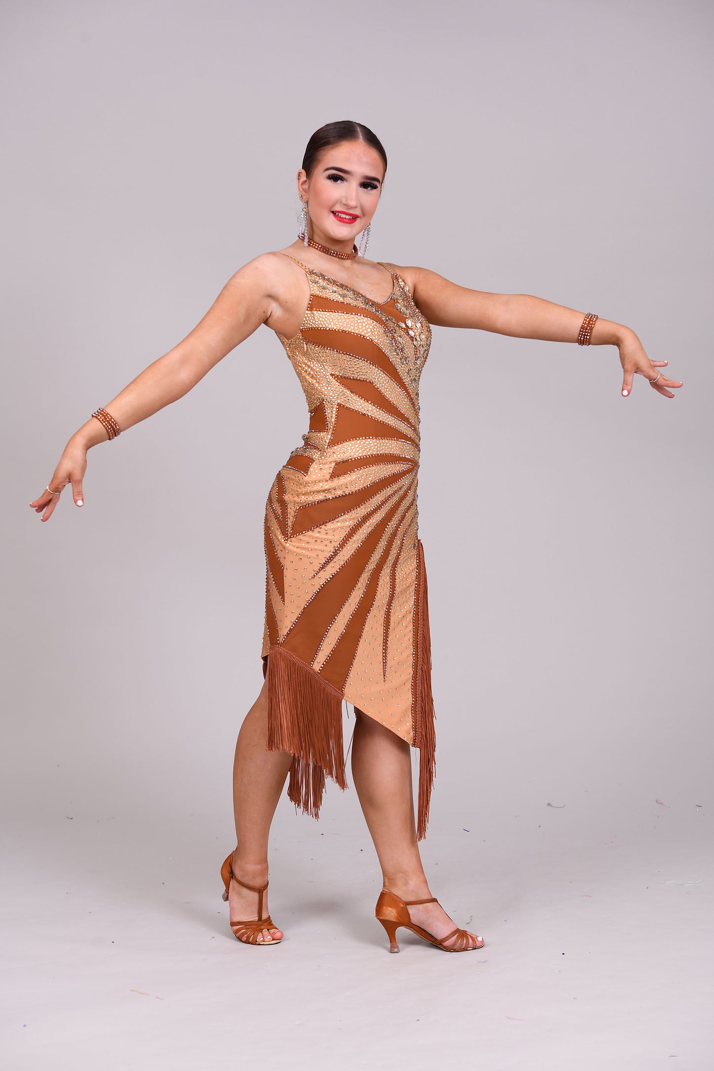 116 Coffee & Tan Latin Dress. Multi splits to the hemline with matching fringes. Stoned in Sunshine, Aurum & Topaz