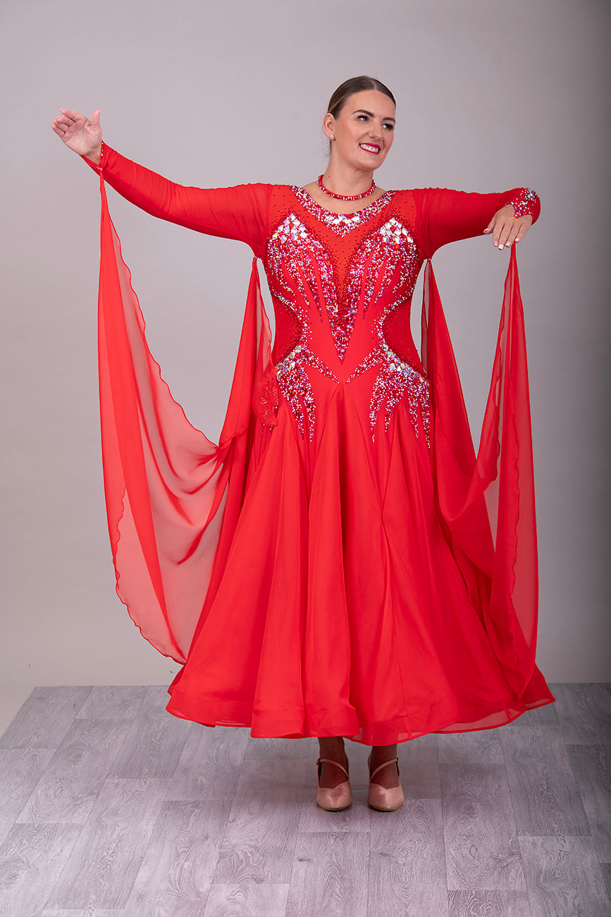 01150A Red Competition Ballroom Dance Dress. Stoned in Siam, Siam AB & AB. Detachable Floats