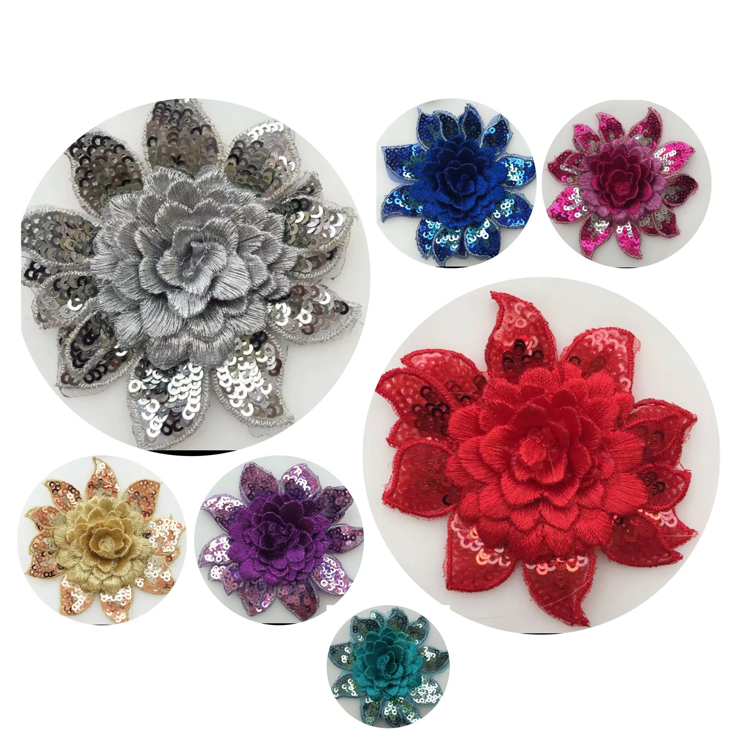 M134 Montana 3D Sew On Flowers, Outer Petals are sequinned. Perfect for adding stones. 8cm wide. Available in 8 Colours