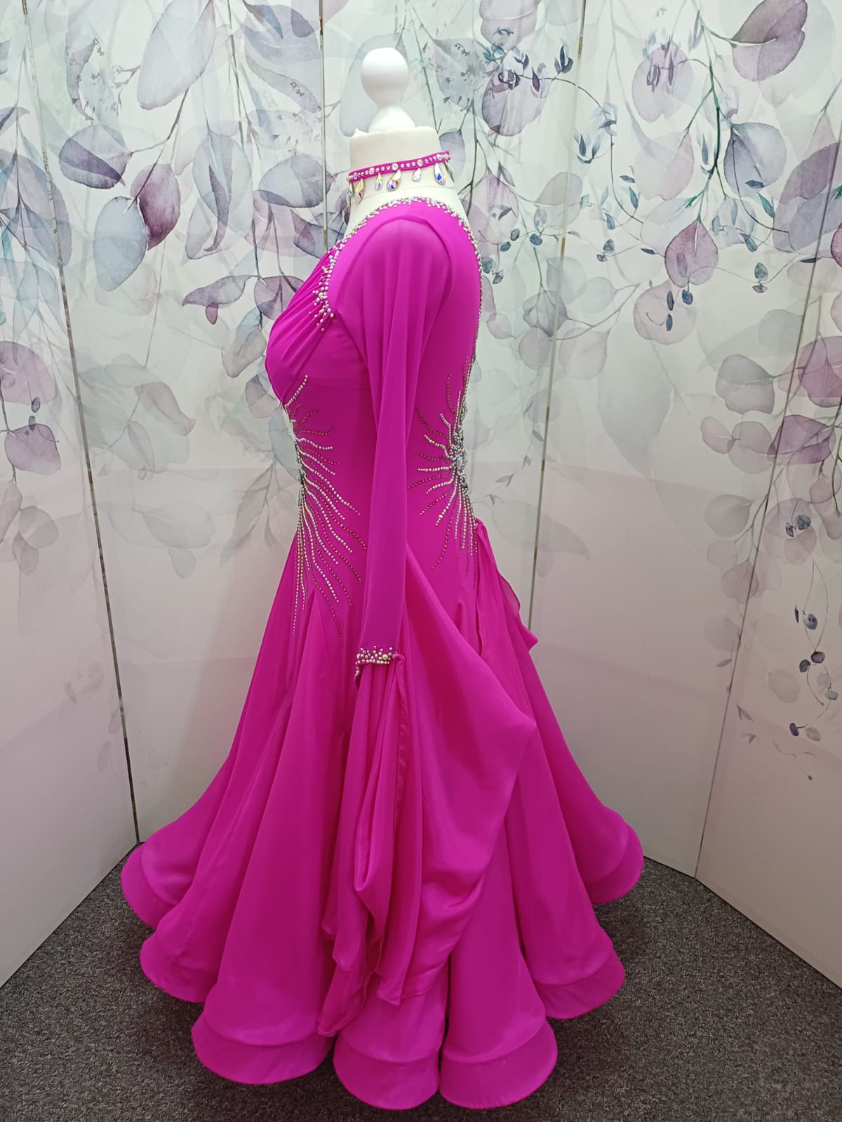 65B Cerise Competition Ballroom Dance Dress. Mesh overlay to the bust with flattering waist design. High back with option to wear own bra  detachable Floats. Stoned in Rose & AB. ❤️Showroom Appointments Available❤️