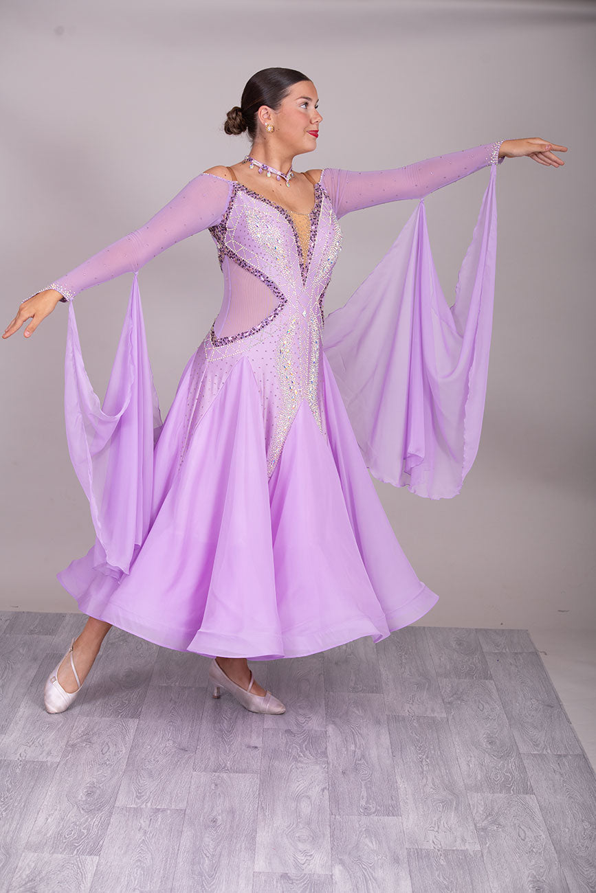32B Lilac Competition Ballroom/Sequence Dance Dress. Detachable Floats. Detailed stone pattern in AB, Amethyst, Amethyst AB & purple velvet.  High Back to give option of wearing own bra