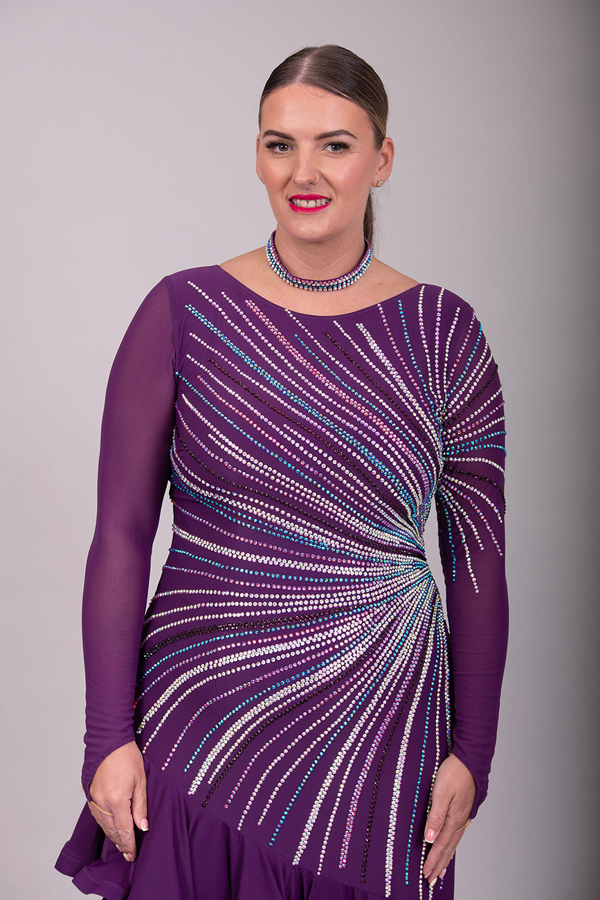 171 Stand Out Striking Plum Latin Dance Dress. Heavily stoned in AB, plum AB & Light aquamarine. Very full frill giving maximum movement. High back giving option to wear own bra.
