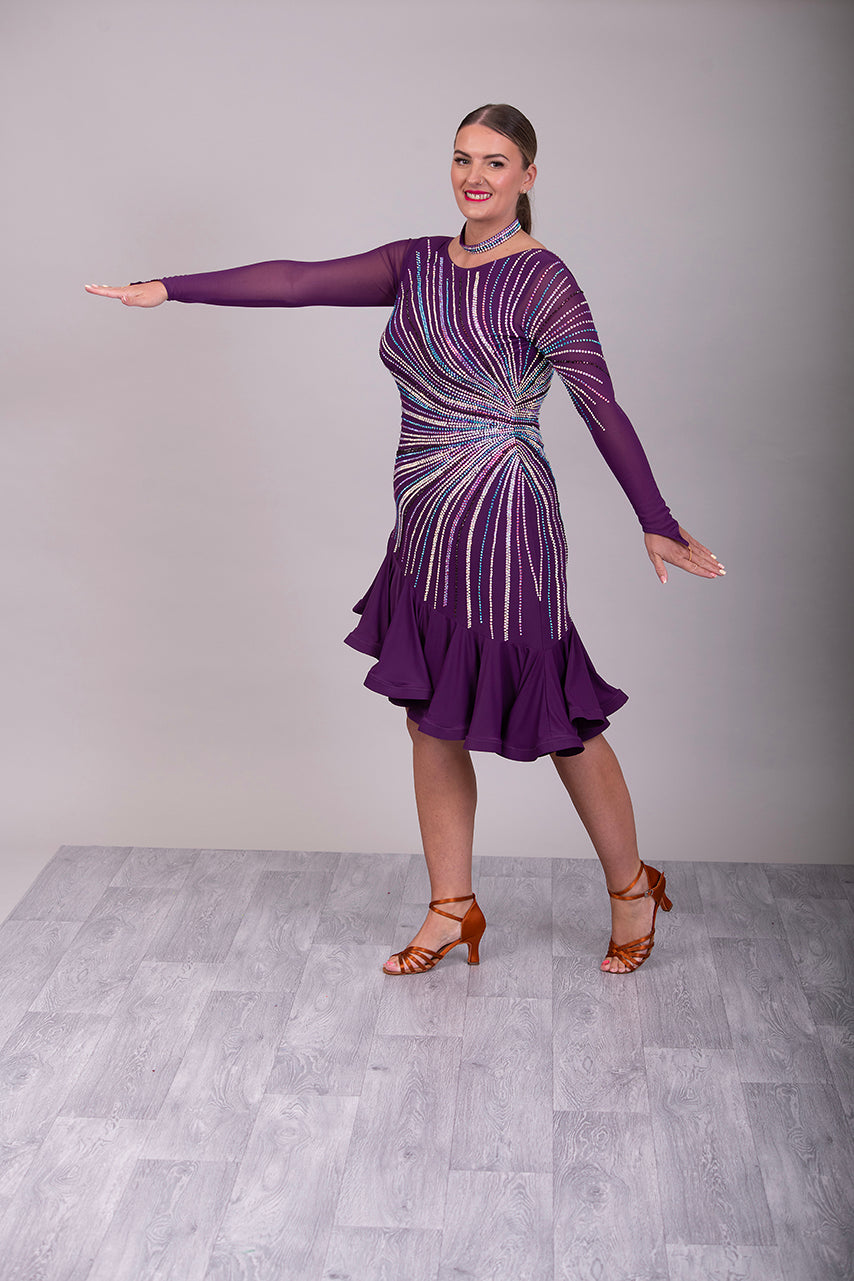 171 Stand Out Striking Plum Latin Dance Dress. Heavily stoned in AB, plum AB & Light aquamarine. Very full frill giving maximum movement. High back giving option to wear own bra.