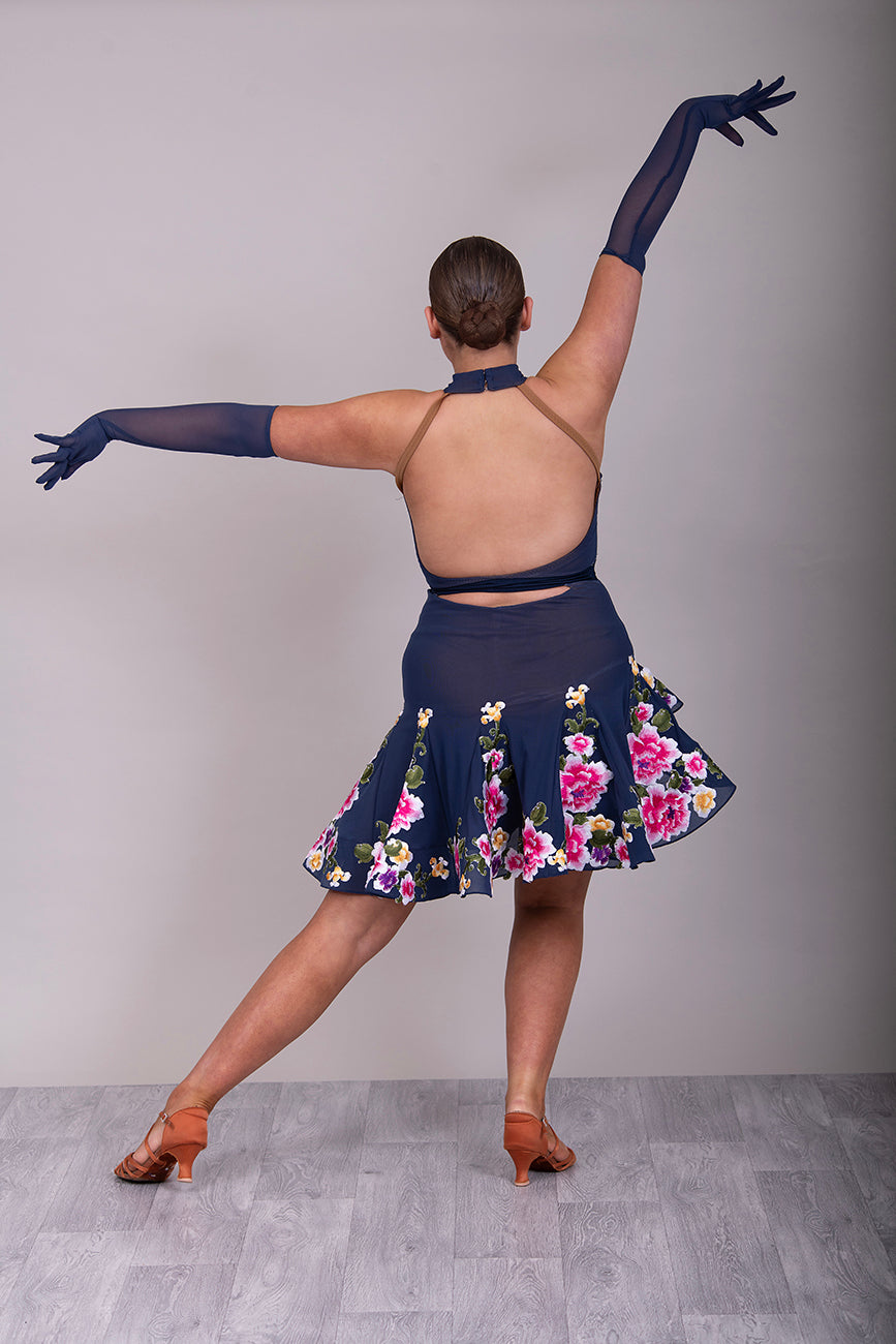 143 Navy blue fine mesh Latin dress with multi coloured Embroidered Floral Appliqués. Keyhole halter neck detail. Unstoned