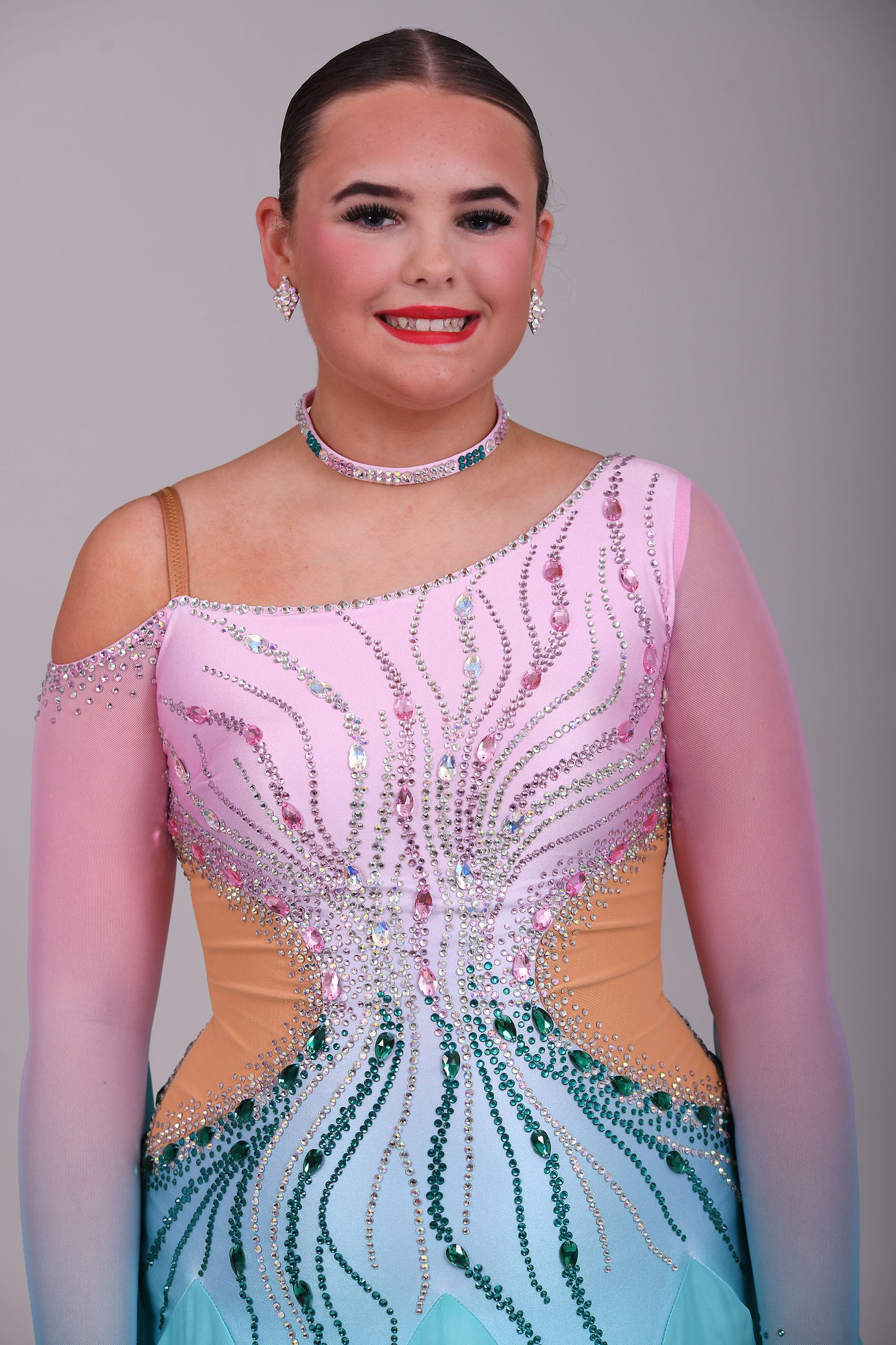 01130 Light Aqua & Baby Pink Ombre Competition Ballroom Dance Dress. Stone with AB & Fuschia. Detachable floats