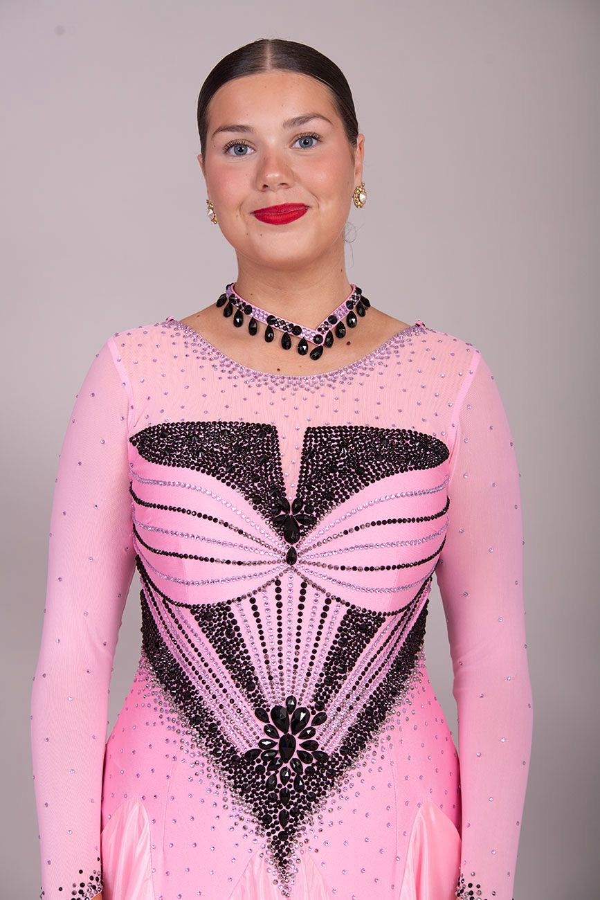 33B “TWD ELITE” Absolutely Stand Out Ballroom/Sequence Competition Dance Dress. Pink & Black Ombre stoned in Jet, Light Rose & Light Rose AB. Detachable Floats.  High Back to give option of wearing own bra