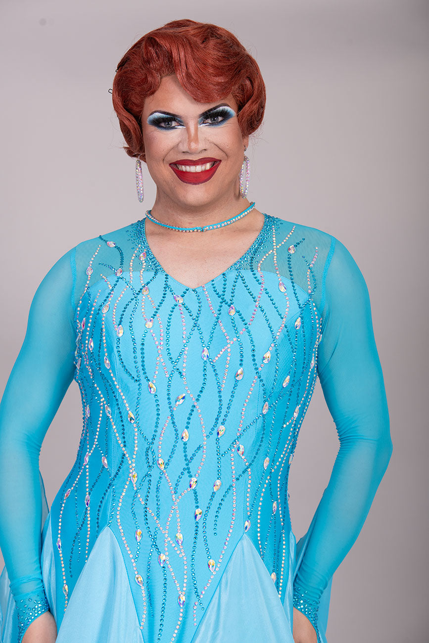 31B Beautiful Blue Competition Ballroom/Sequence Dance Dress. Stoned in Aquamarine, AB & Aquamarine AB. Detachable Floats High Back to give option of wearing own bra