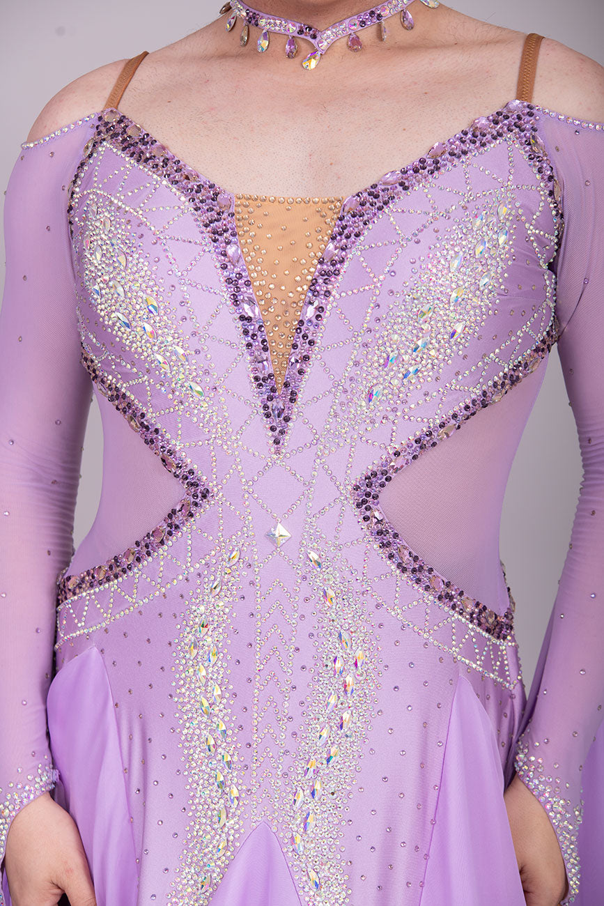 32B Lilac Competition Ballroom/Sequence Dance Dress. Detachable Floats. Detailed stone pattern in AB, Amethyst, Amethyst AB & purple velvet.  High Back to give option of wearing own bra