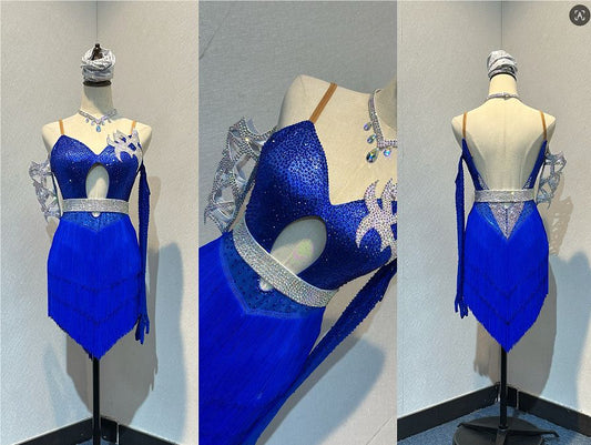 63L Cobalt Blue Competition Latin Dance Dress. Metallic silver lattice arm glove with matching silver belt & upper chest motif. Full glove with fingers to 1 arm attached at armhole. Stoned in. Sapphire & AB. ❤️Showroom Appointments Available❤️