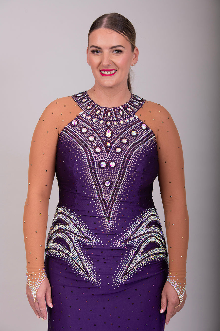 0002 Deep Purple Latin Dress. Heavily stoned in Amethyst, Light Amethyst & AB. Keyhole feature to the back, rouching detail at the front.