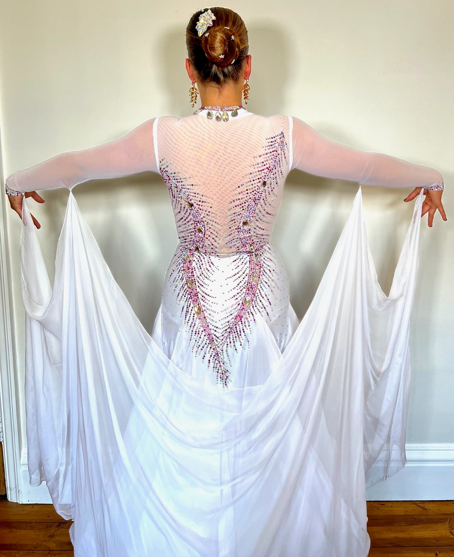 247 White and Tan Ballroom Dress. Stunning decoration stoned in AB & light rose. Floats to sleeves & back.