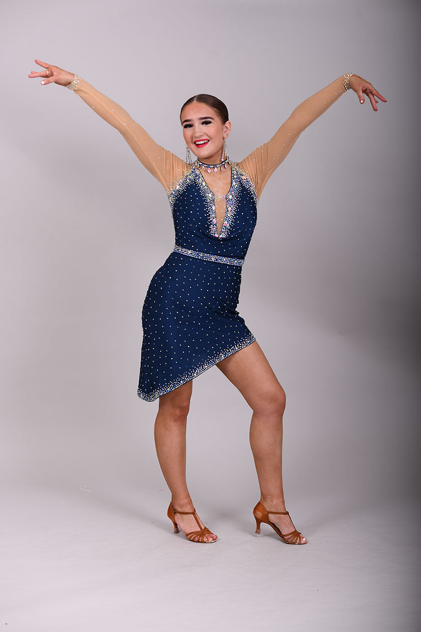 047 Navy blue Drape detail to the front Latin Dress. Separate belt. High mesh back. Decorated with Bermuda blue, light Saphire & Ab stones