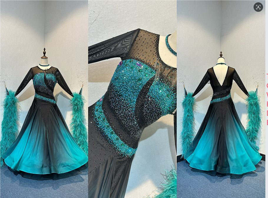 70B Stunning Black & Blue Zircon Competition Ballroom Dance Dress. Heavily stoned in Blue Zircon & jet with detachable Ostrich boa floats. ❤️Showroom Appointments Available❤️