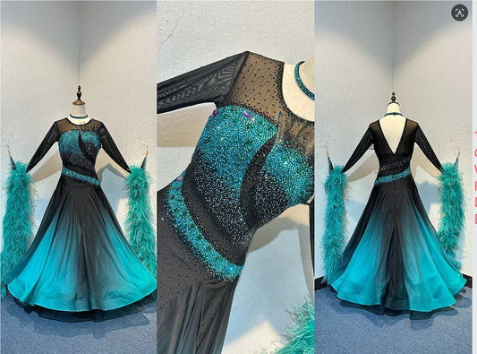 70B Stunning Black & Blue Zircon Competition Ballroom Dance Dress. Heavily stoned in Blue Zircon & jet with detachable Ostrich boa floats. ❤️Showroom Appointments Available❤️