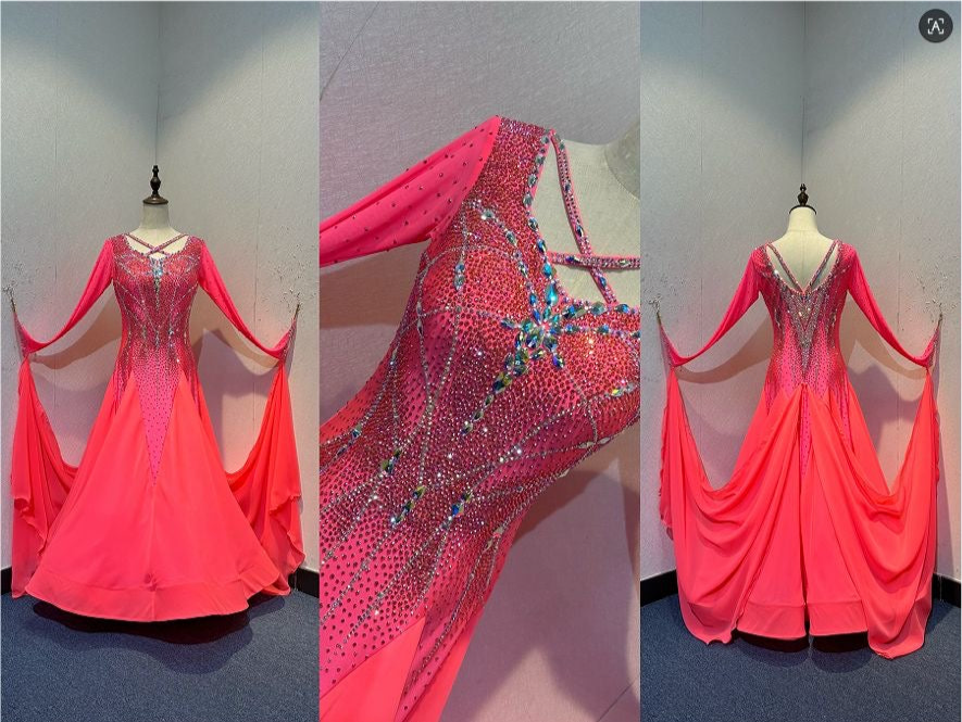 66B Coral Competition Ballroom Dance Dress. Striking decoration in AB, Coral & Coral AB. Strappy detail to upper chest & back. High back for option to wear own Bra. Detachable Floats ❤️Showroom Appointments Available❤️