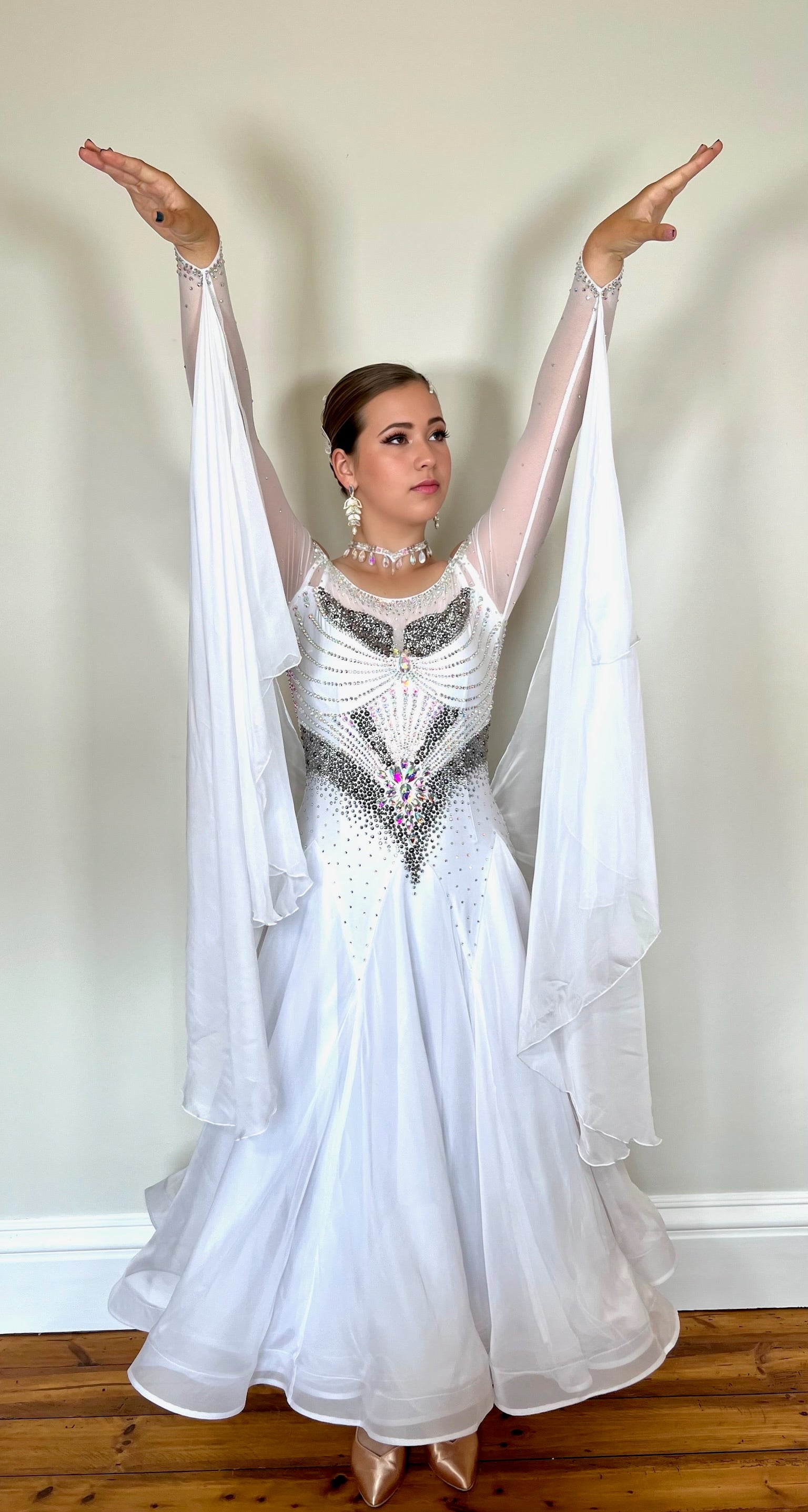 325 white Ballroom Dress decorated with Silver & AB stones