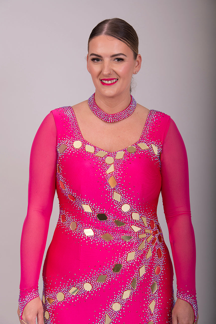 159 Cerise Latin Dance Dress decorated with Gold mirrors and Fuschia ab stones