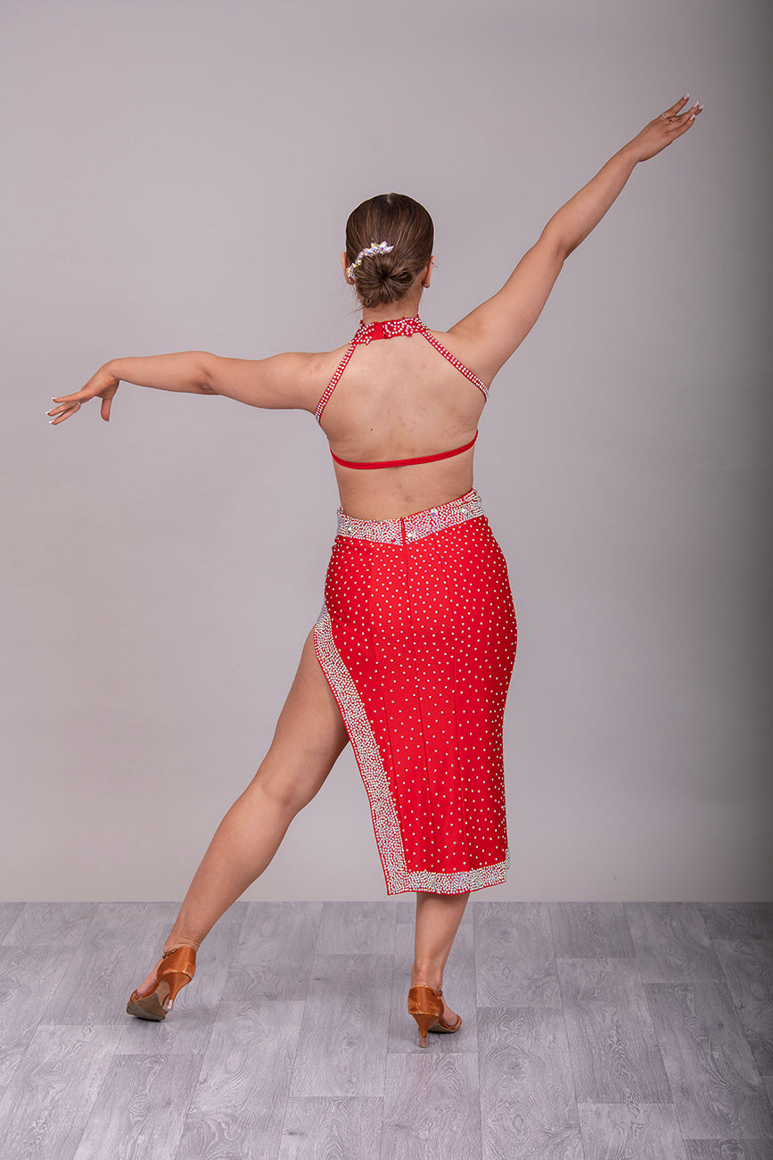 025 Red Trio - Latin Dress with Red Motif & AB stones. Ballroom Skirt with x4 arm floats and AB stoned belt