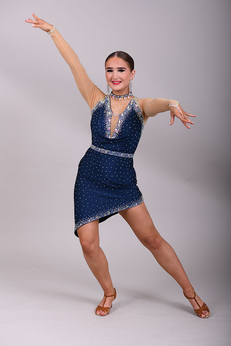 047 Navy blue Drape detail to the front Latin Dress. Separate belt. High mesh back. Decorated with Bermuda blue, light Saphire & Ab stones