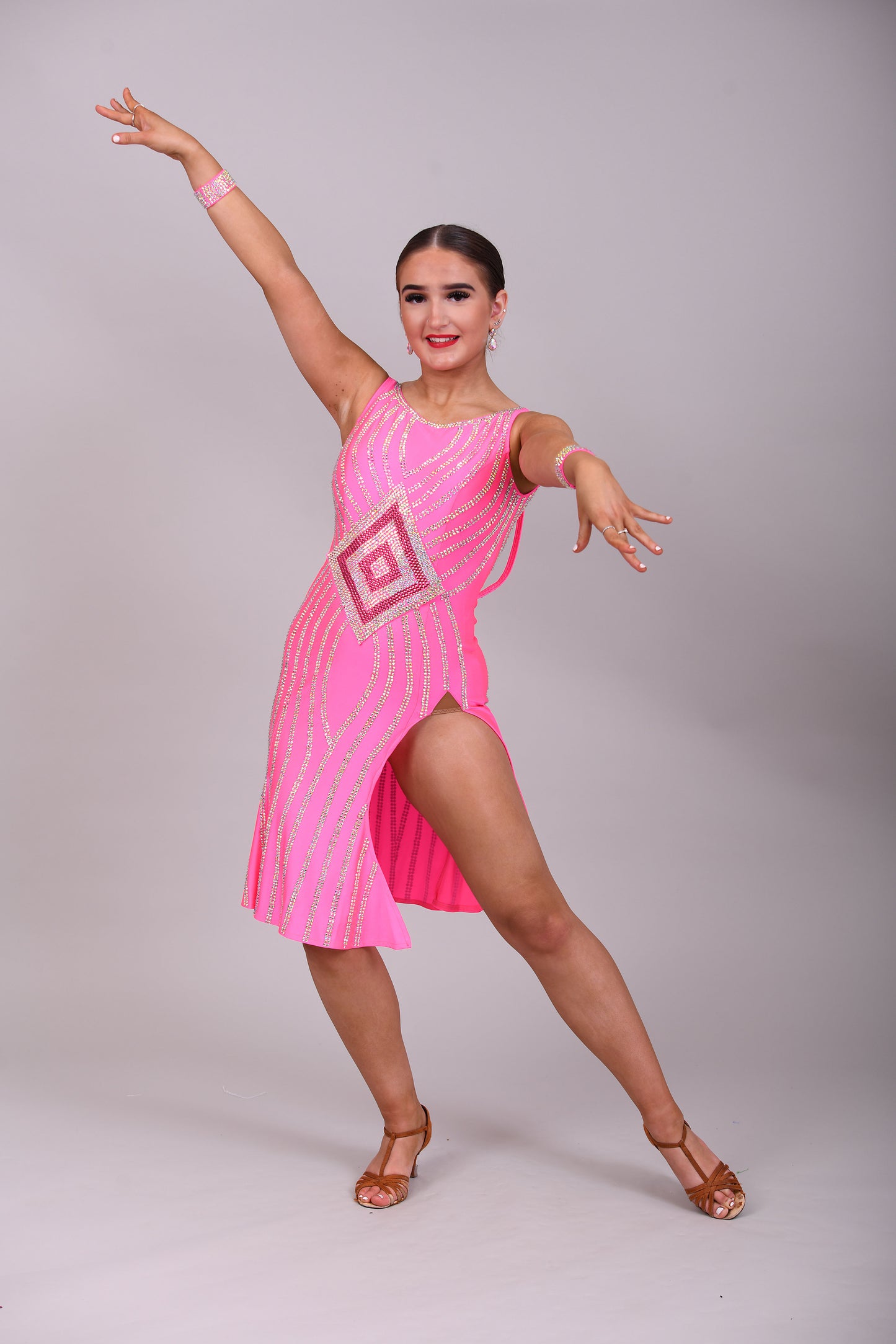 172 Flo Pink Latin dress with split detail to one side. Decorated in Rose & AB