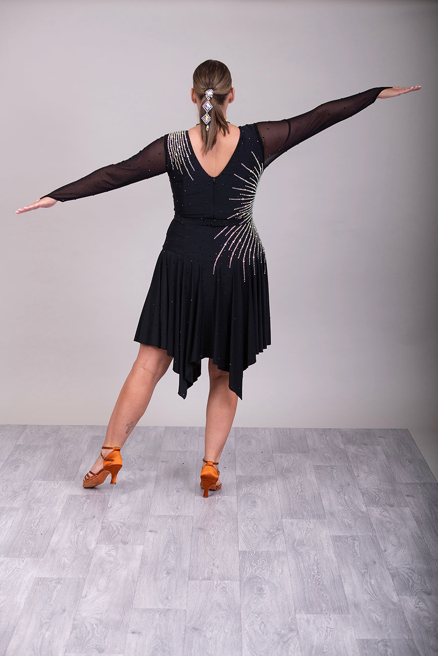 199 Flattering Black Latin Dance Dress. Super Stretchy. Stoned in AB starburst design with handkerchief hem skirt. High back giving option for wearing own bra.