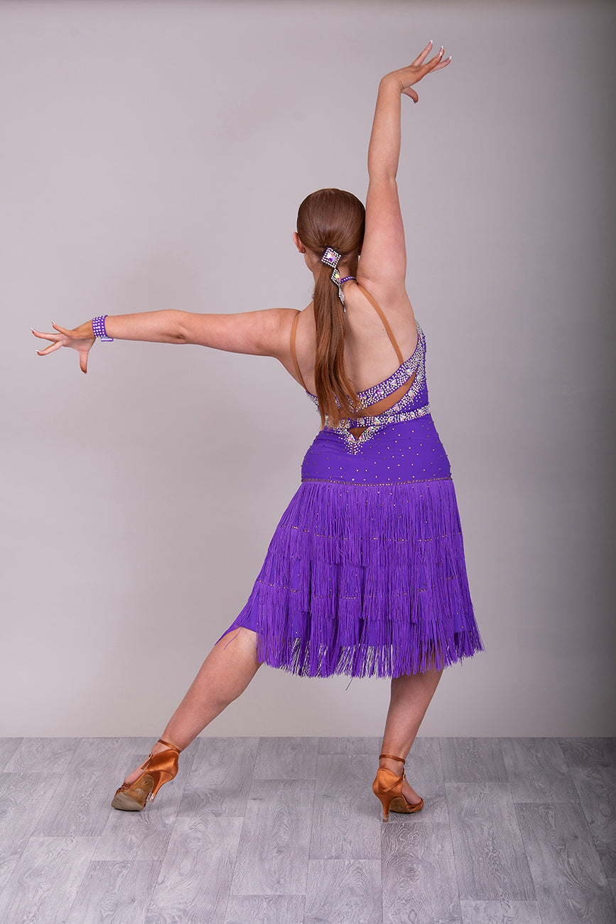 024 Cadbury Purple Fringed skirt Latin Dress. Detachable belt. Stoned in AB stones with tan panel to the chest.