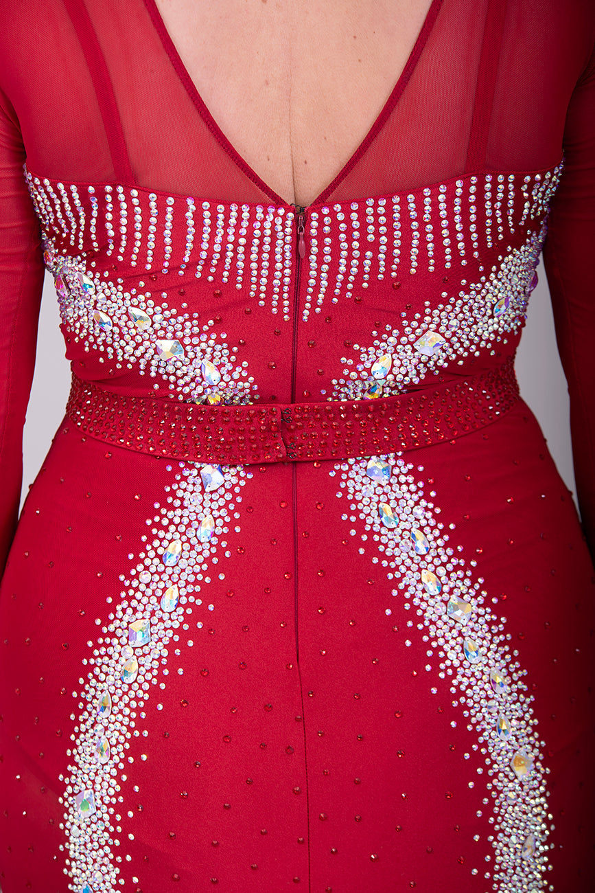 066 Wine Competition Latin Dance Dress. Heavily stoned in AB & Dark Siam Stones. Comes with optional belt.
