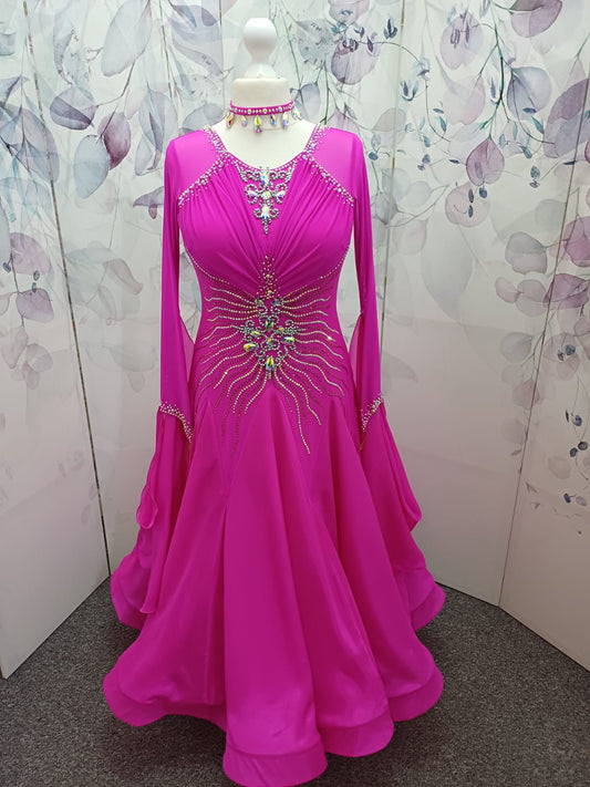 65B Cerise Competition Ballroom Dance Dress. Mesh overlay to the bust with flattering waist design. High back with option to wear own bra  detachable Floats. Stoned in Rose & AB. ❤️Showroom Appointments Available❤️